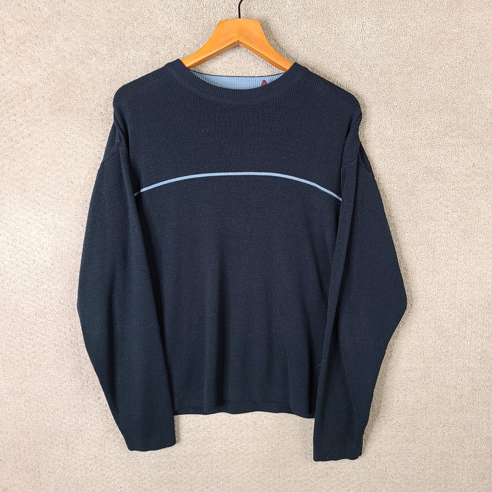 Whispering Smith Sweater Mens Large Navy Striped Crew Neck Acrylic Casual Ribbed
